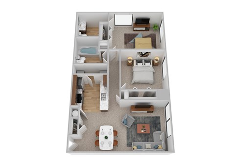 A top down view of a small apartment with a kitchen, living room, and bedroom.